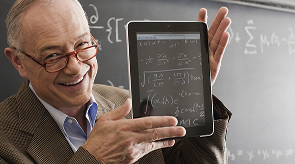 Professor holding tablet computer