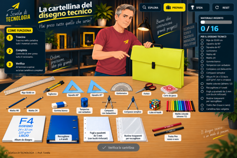 Laboratorio interattivo per preparare la cartellina del disegno tecnico, con strumenti e materiali scolastici.
